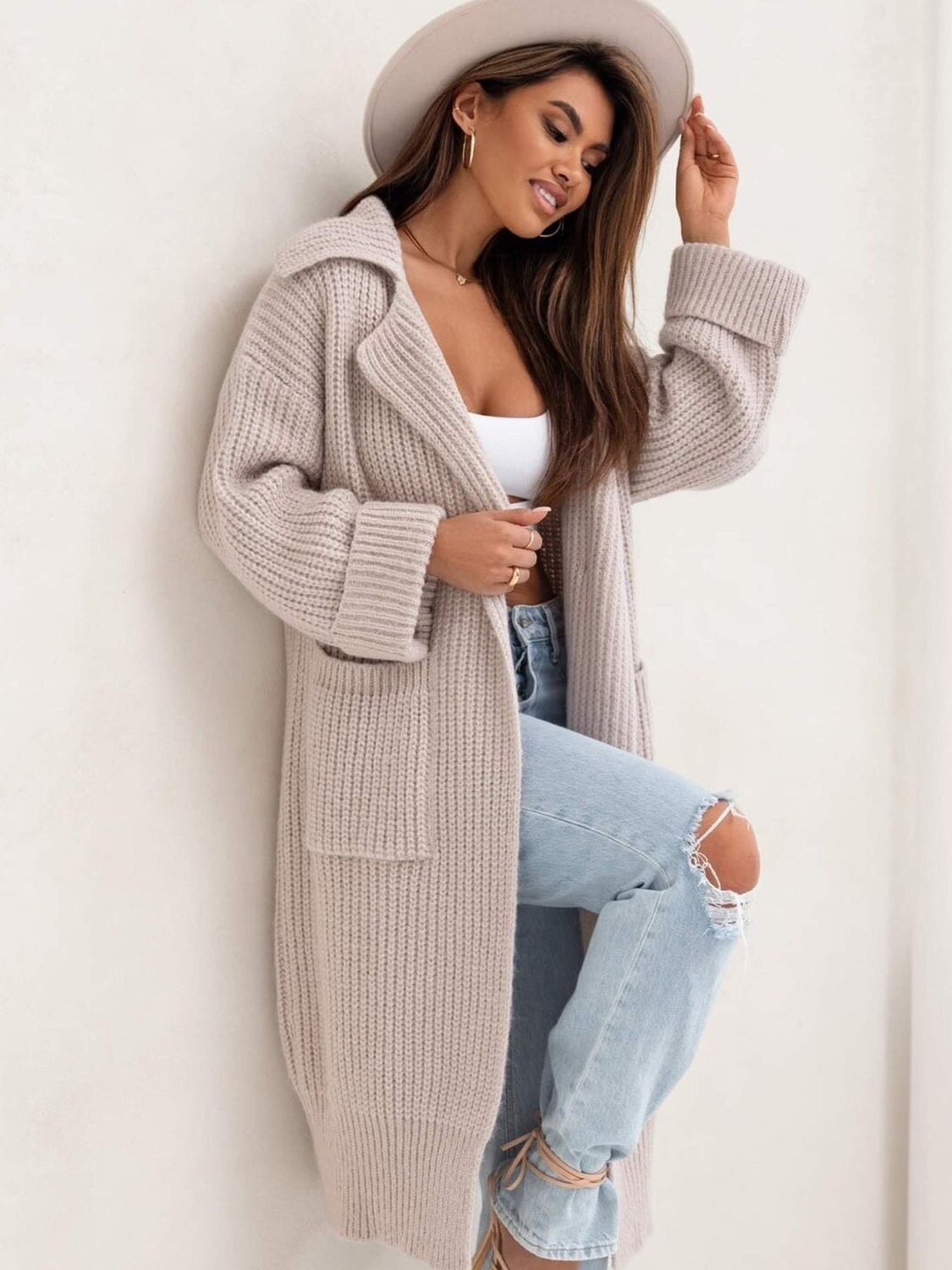 Pocketed Collared Neck Dropped Shoulder Cardigan – Cozy & Functional Knitwear