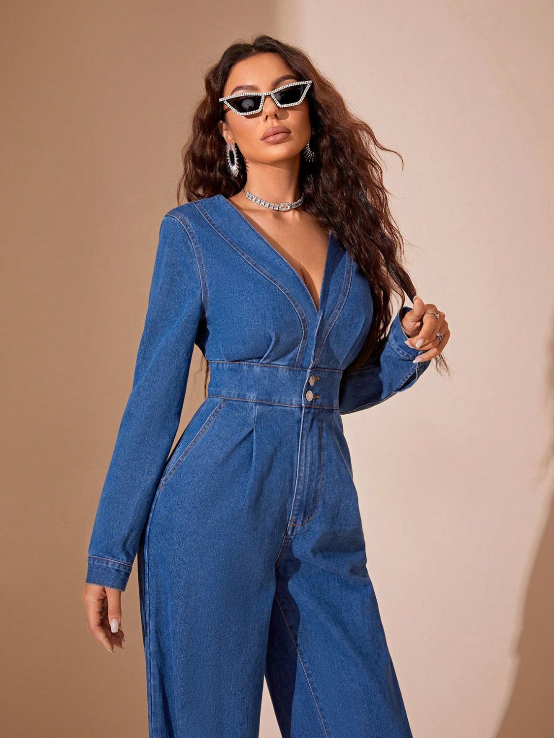 Plunge Long Sleeve Wide Leg Denim Jumpsuit – Bold & Timeless Style