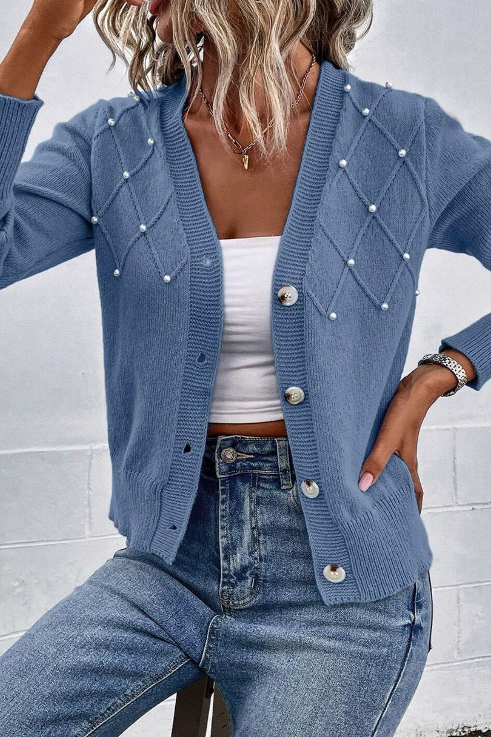 Beaded V-Neck Button-Up Long Sleeve Cardigan – Elegant & Versatile Knitwear