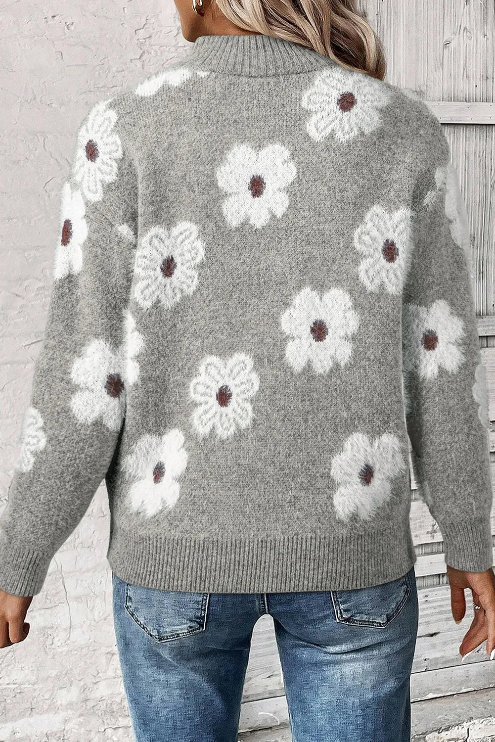 Flower Half-Zip Long Sleeve Sweater – Cozy Style with a Floral Touch