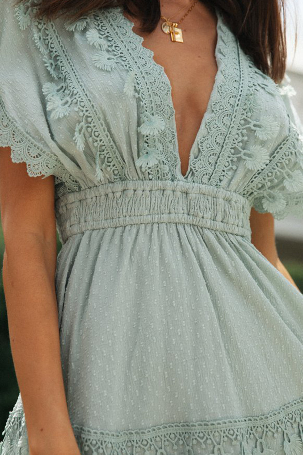 Lace Detail Plunge Short Sleeve Mini Dress – Flirty & Feminine Cotton Style