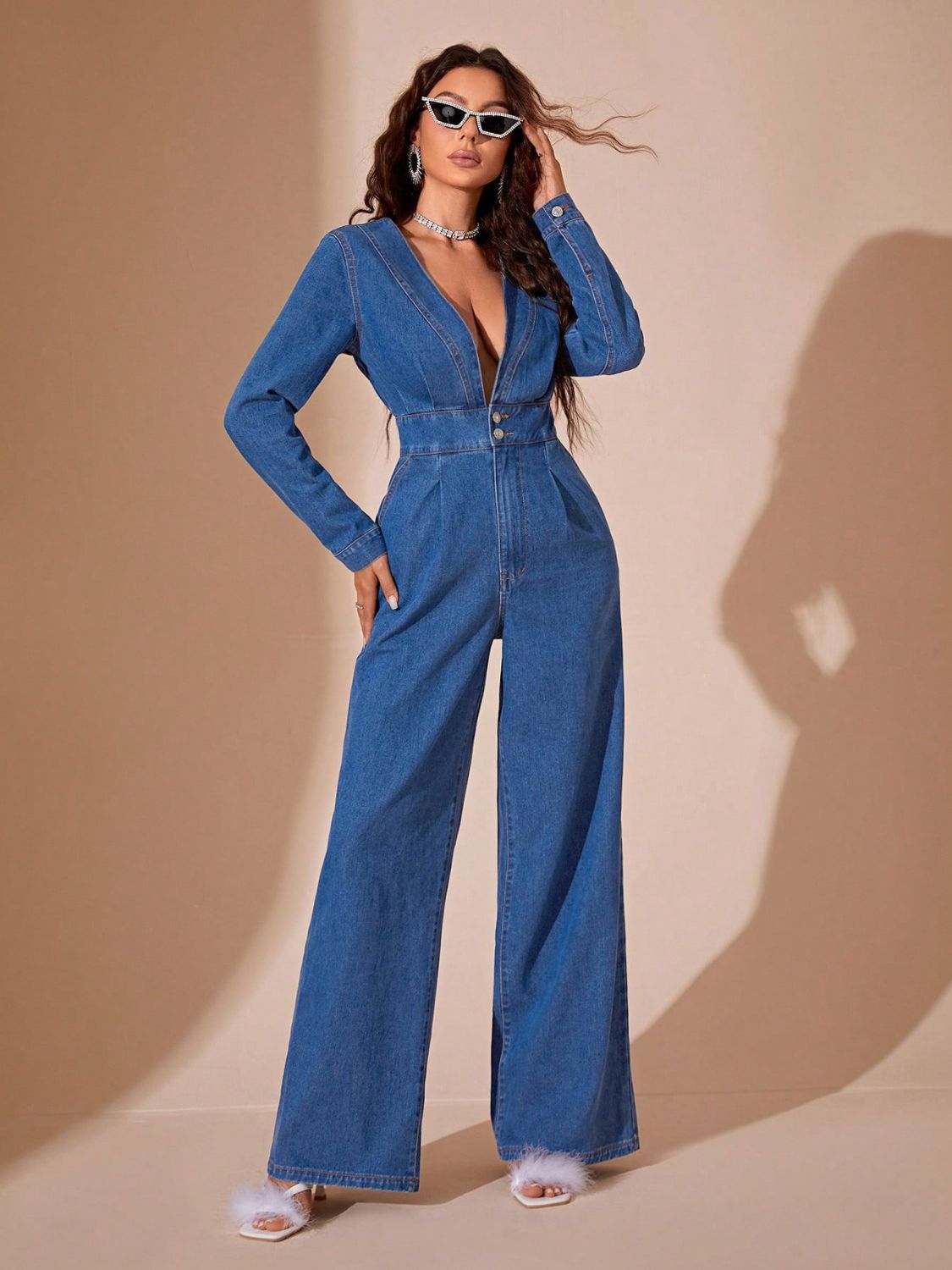 Plunge Long Sleeve Wide Leg Denim Jumpsuit – Bold & Timeless Style