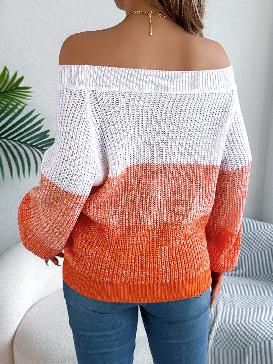 Color Block Off-Shoulder Long Sleeve Sweater – Stylish & Cozy Essential