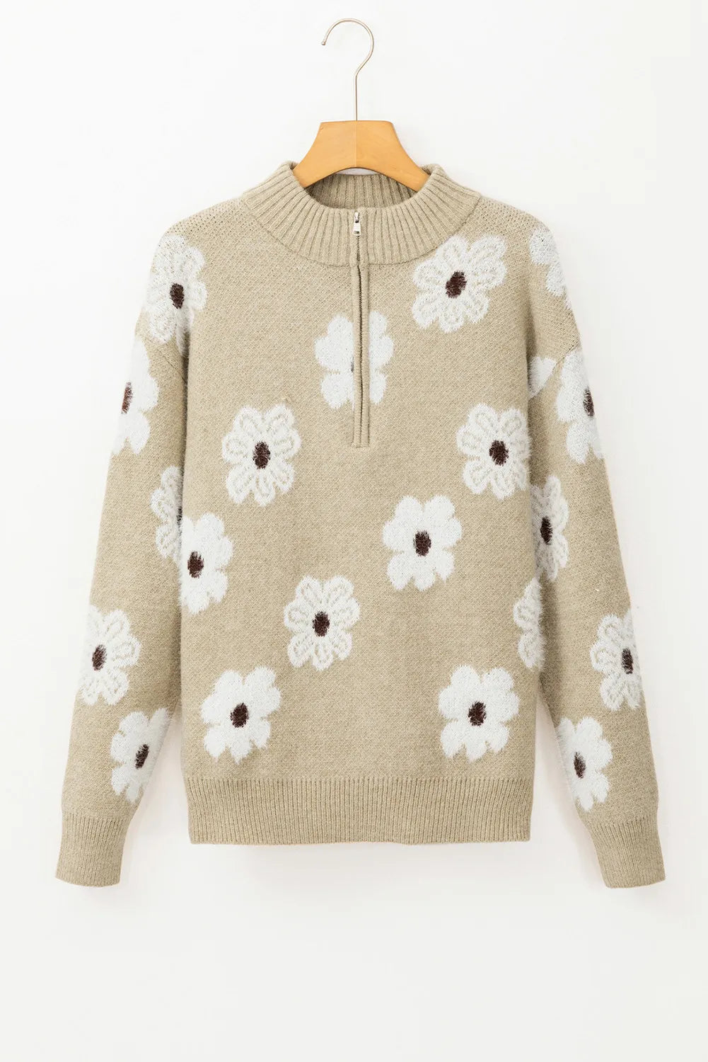 Flower Half-Zip Long Sleeve Sweater – Cozy Style with a Floral Touch