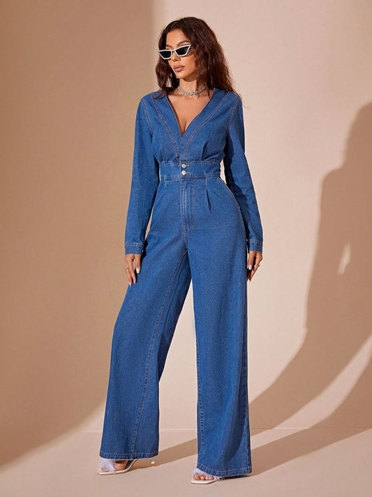 Plunge Long Sleeve Wide Leg Denim Jumpsuit – Bold & Timeless Style