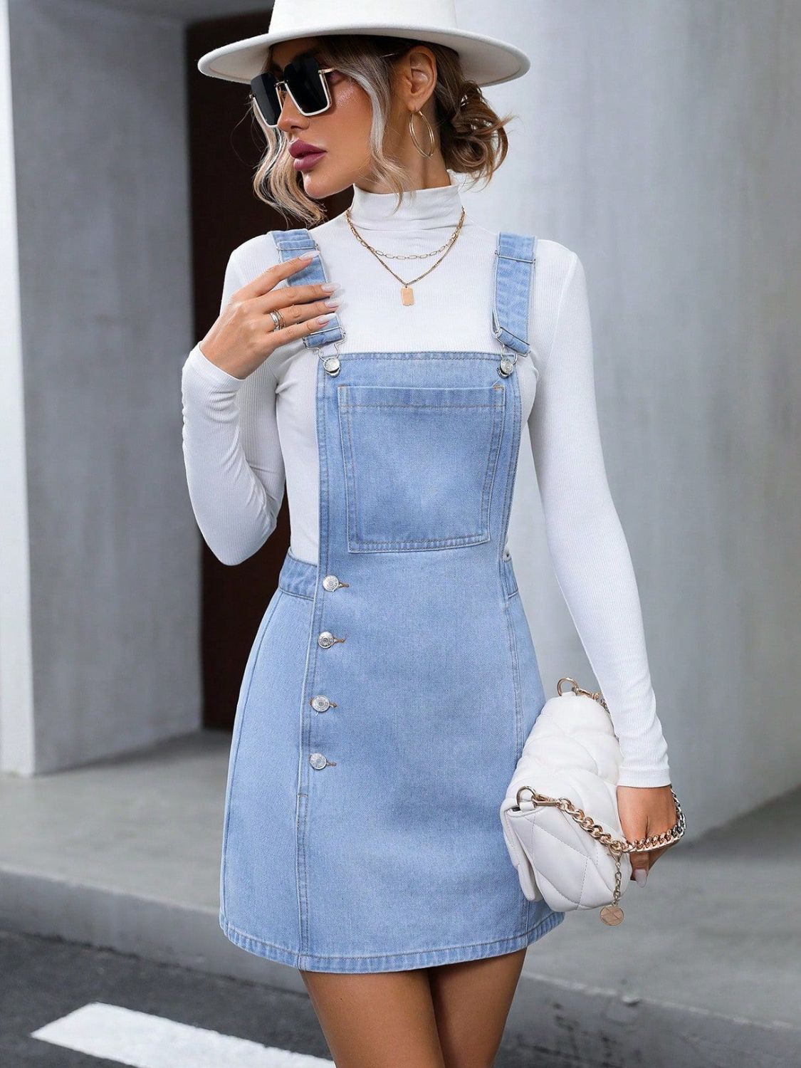 Wide Strap Buttoned Denim Overall Dress – Classic & Versatile Denim Style