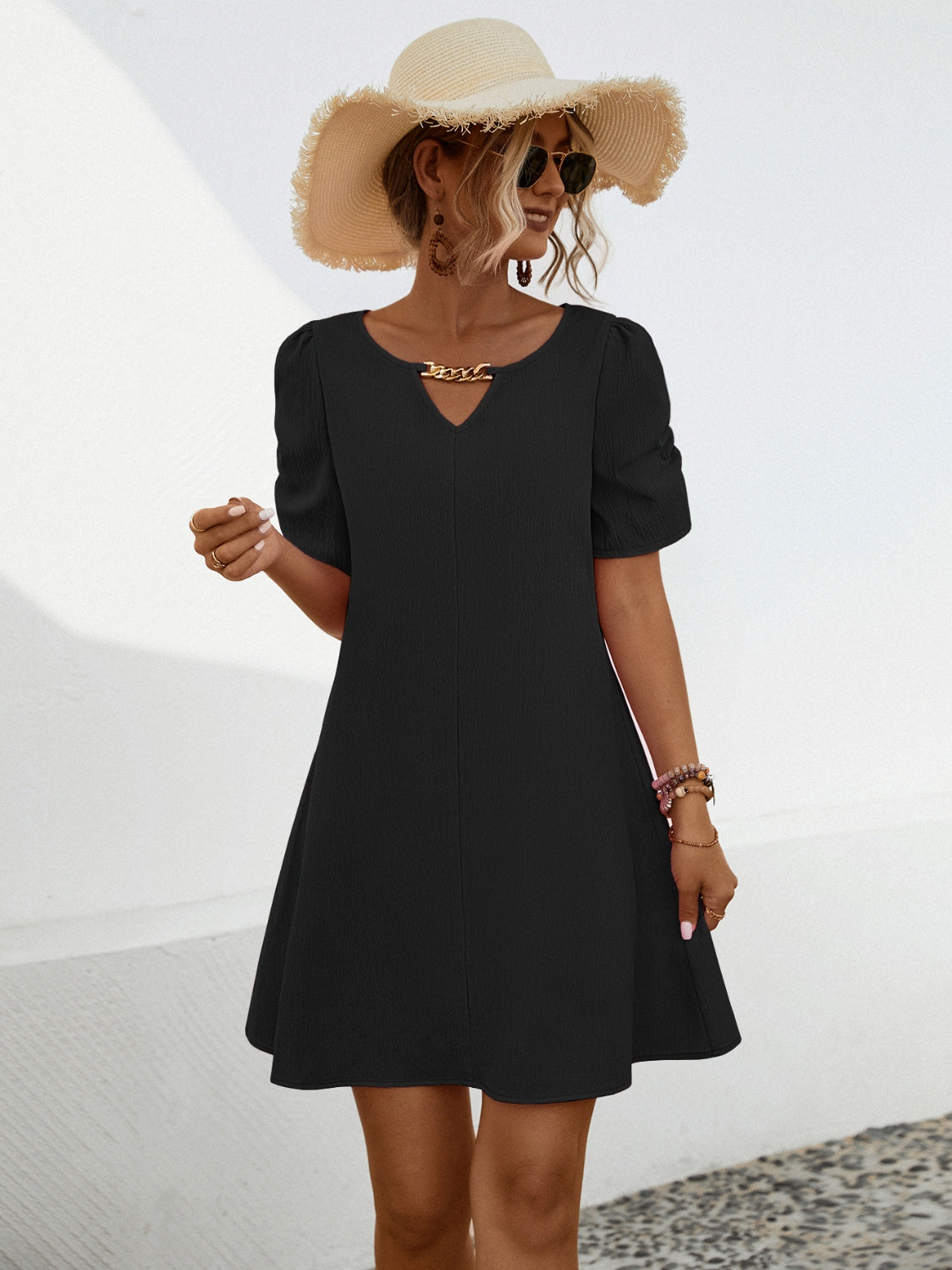 Chain Notched Short Sleeve Dress – Sophisticated Style with a Modern Edge