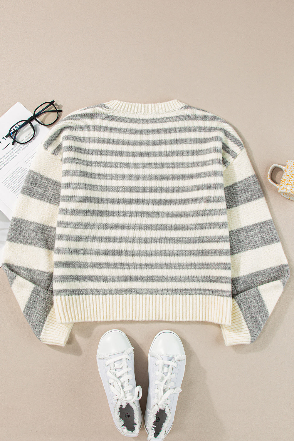 Striped Round Neck Dropped Shoulder Sweater – Casual & Timeless Knit