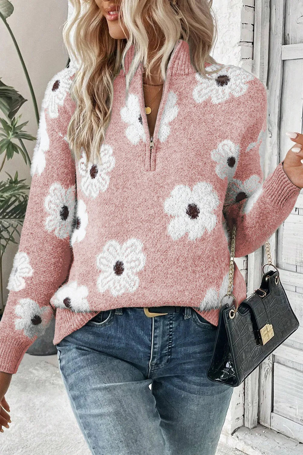 Flower Half-Zip Long Sleeve Sweater – Cozy Style with a Floral Touch