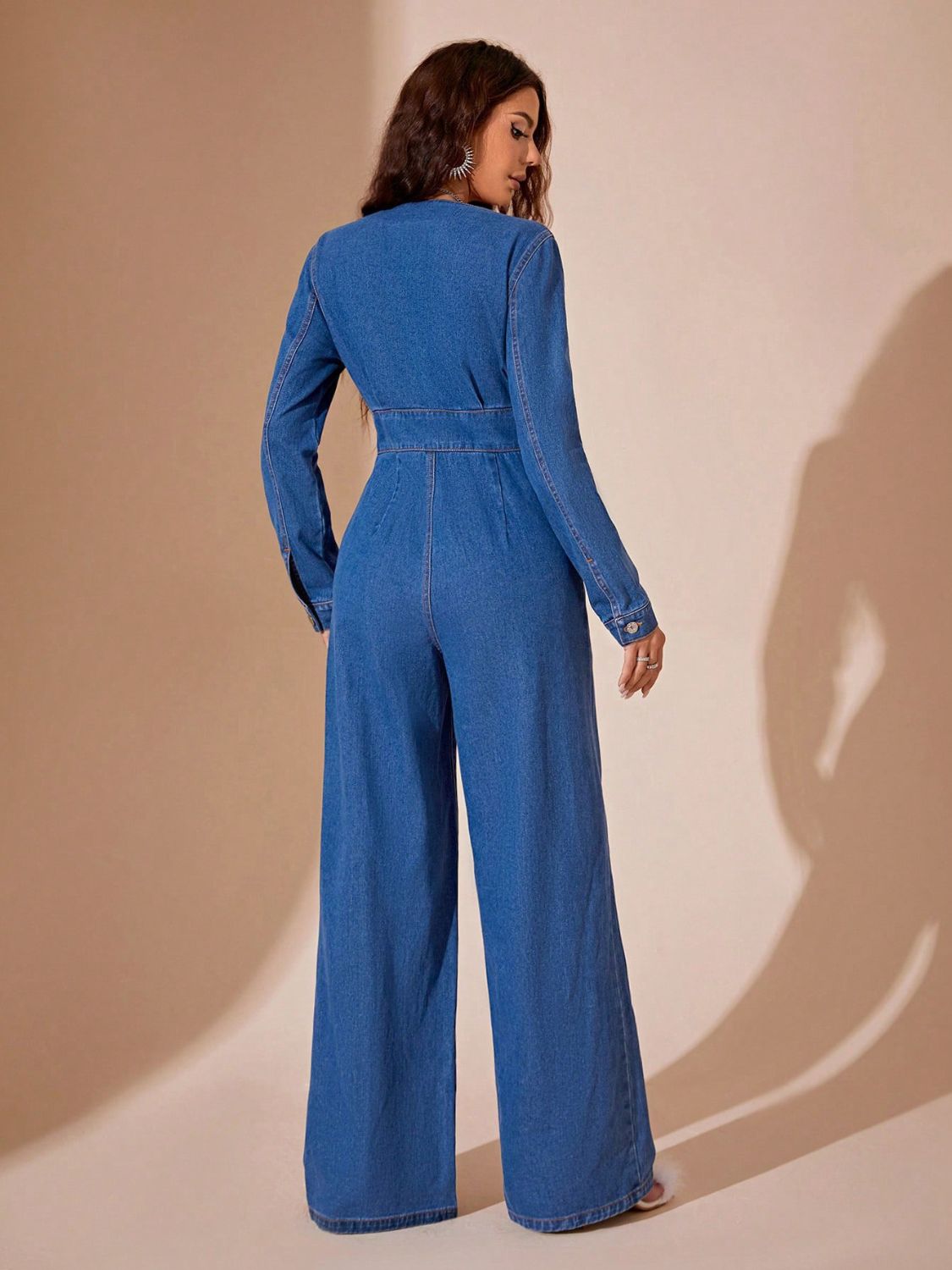 Plunge Long Sleeve Wide Leg Denim Jumpsuit – Bold & Timeless Style