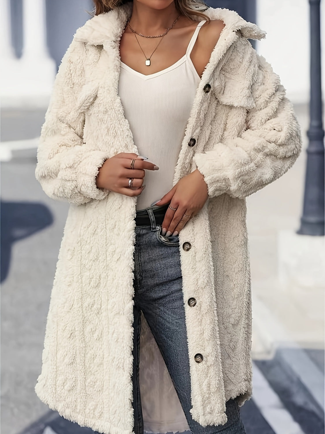 Fuzzy Button-Up Long Sleeve Longline Coat – Cozy & Stylish Outerwear