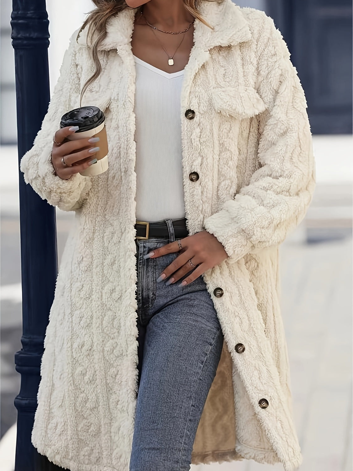 Fuzzy Button-Up Long Sleeve Longline Coat – Cozy & Stylish Outerwear