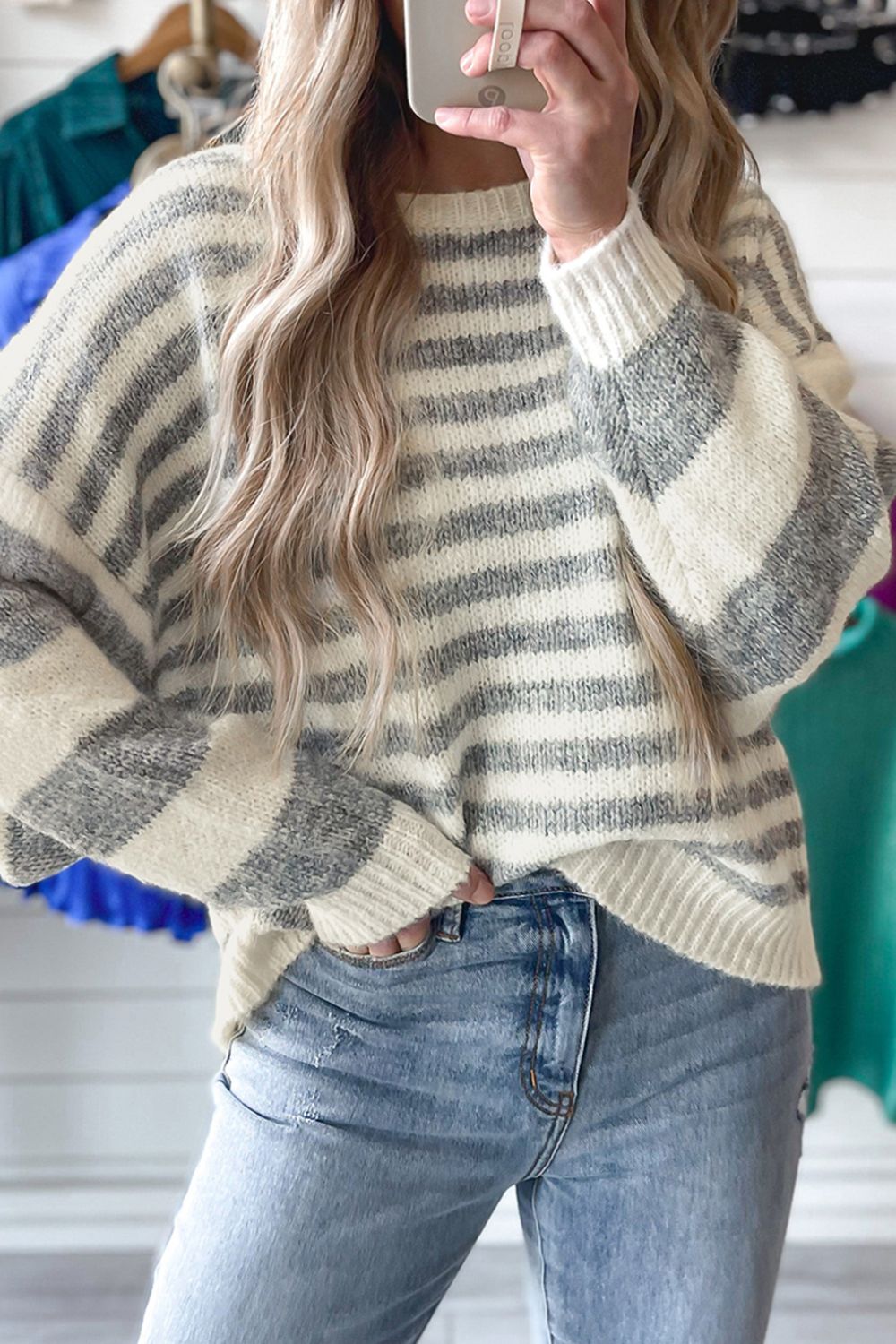 Striped Round Neck Dropped Shoulder Sweater – Casual & Timeless Knit