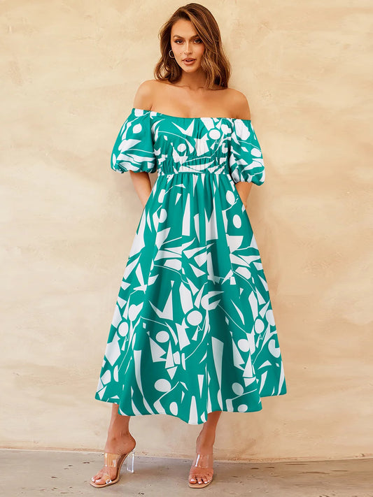 Printed Off-Shoulder Balloon Sleeve Dress – Effortlessly Elegant & Flowy