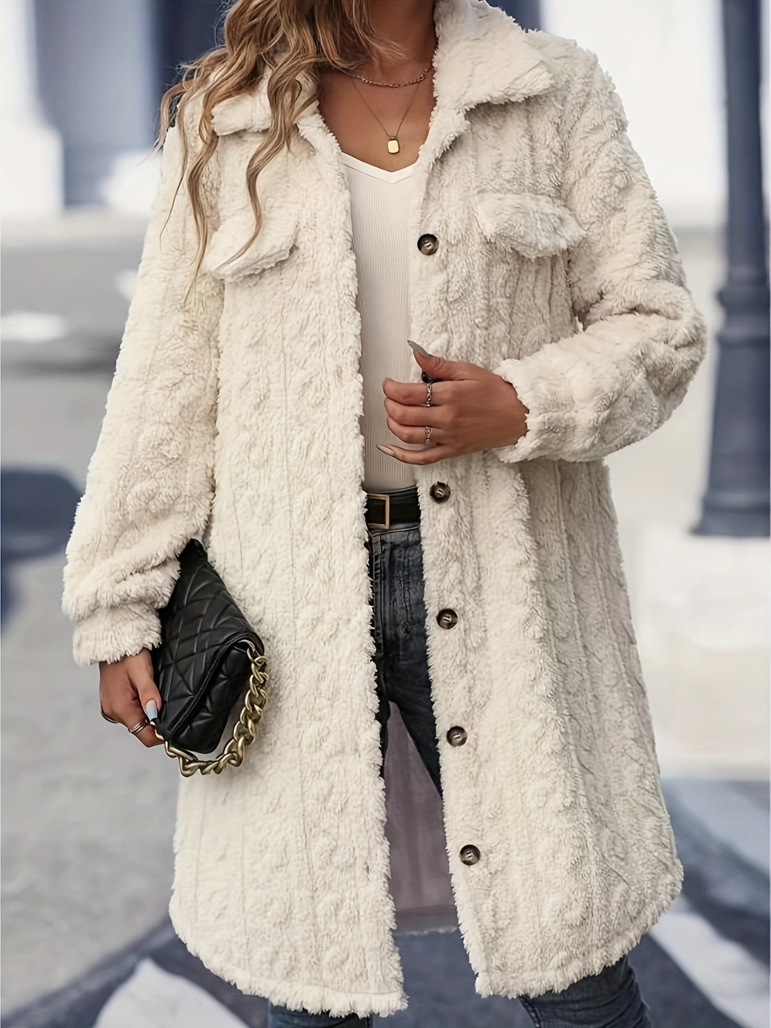 Fuzzy Button-Up Long Sleeve Longline Coat – Cozy & Stylish Outerwear