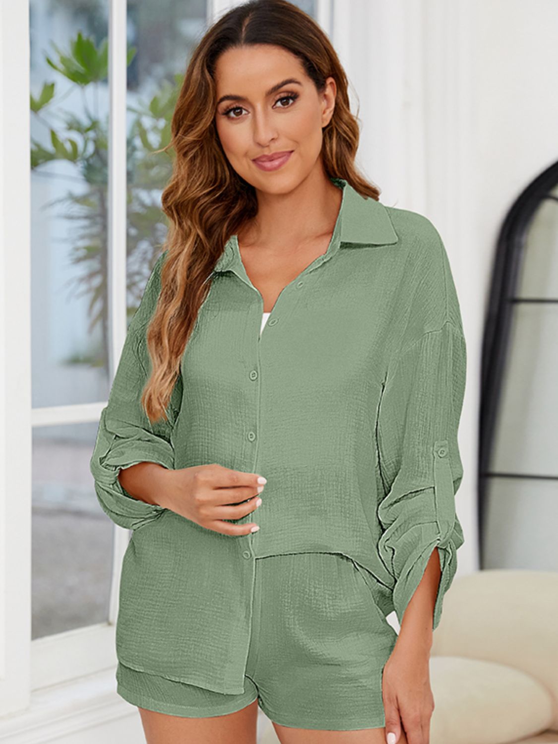 Button-Up Long Sleeve Top and Shorts Set – Effortless Comfort & Style