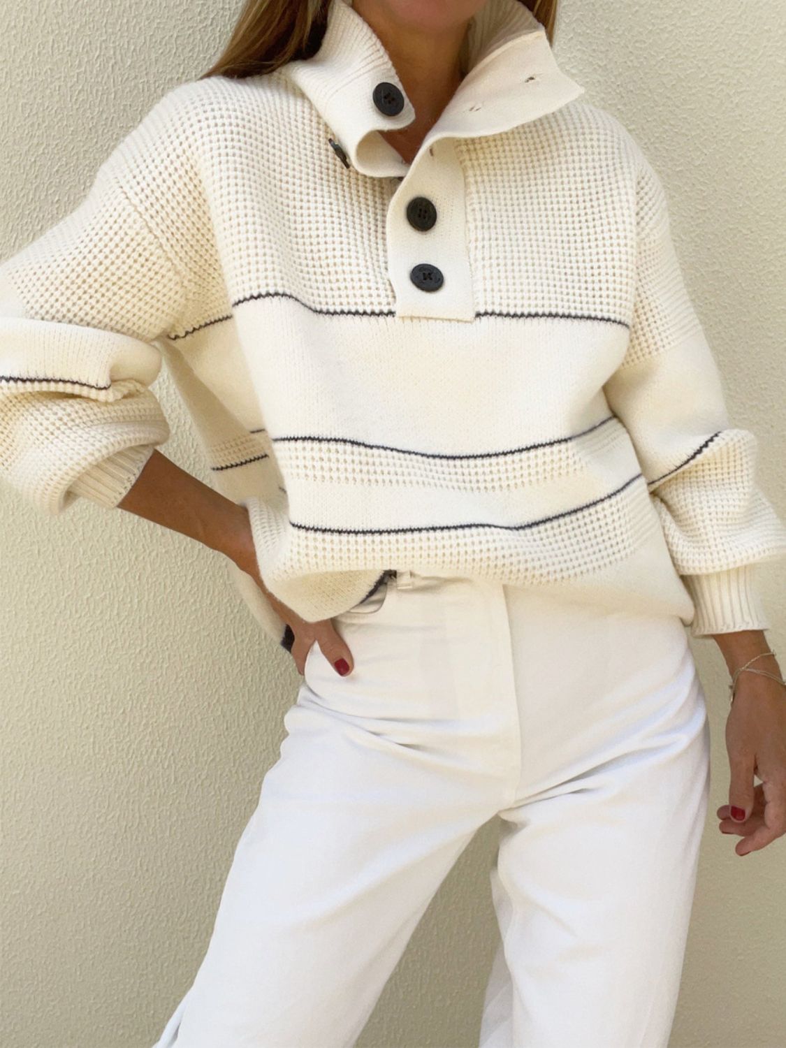 Waffle-Knit Half Button Long Sleeve Sweater – Cozy & Casual Essential