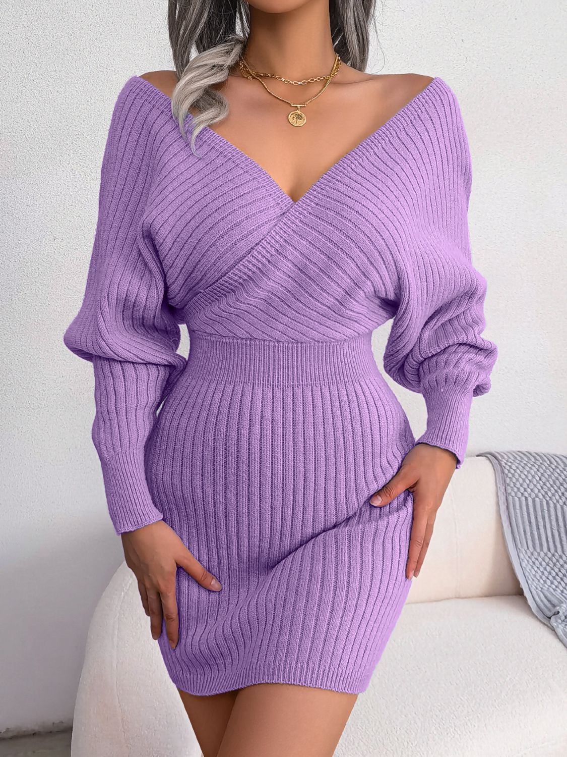 Rib-Knit Dolman Sleeve Sweater Dress – Cozy & Chic Casual Mini