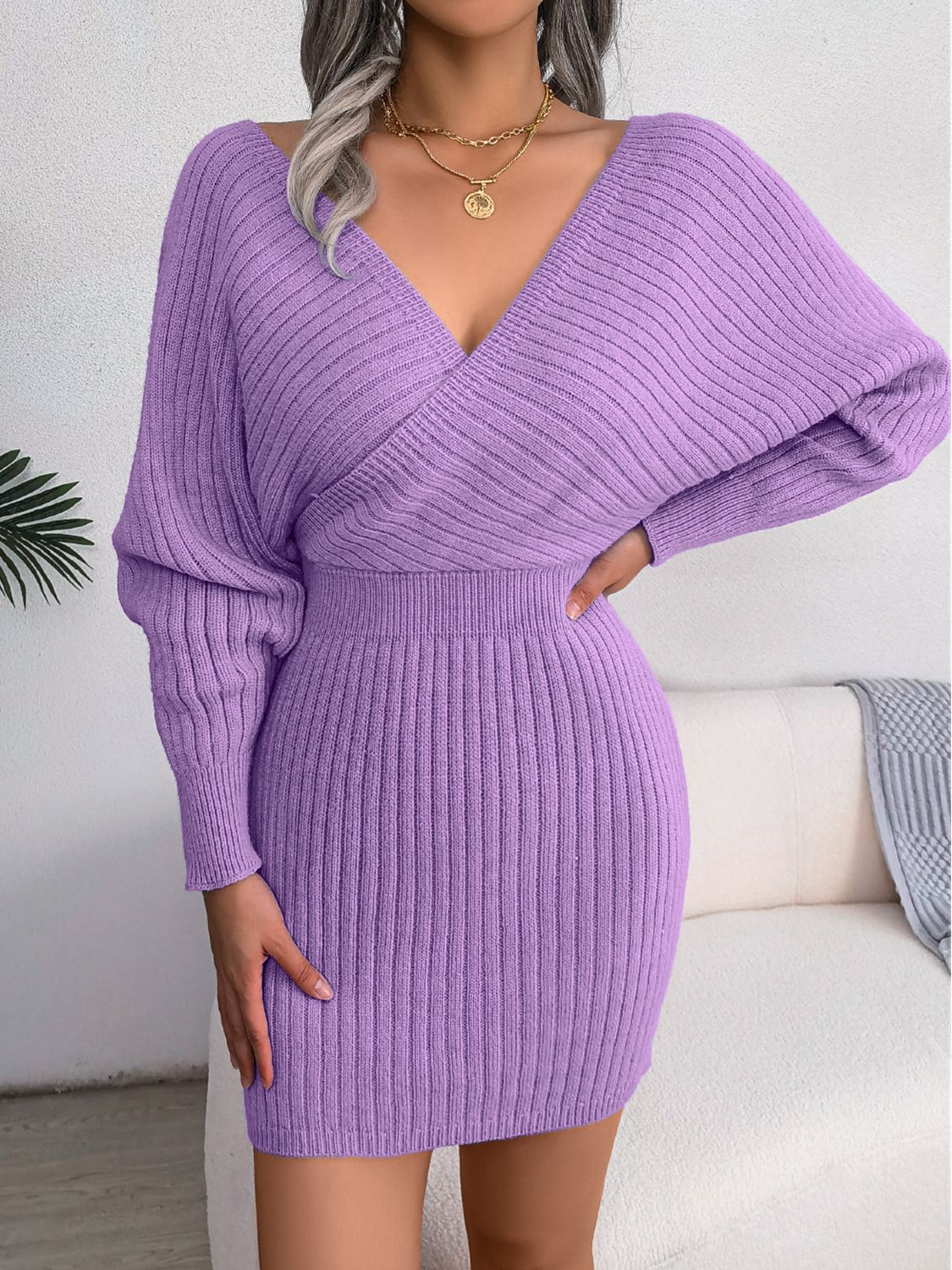 Rib-Knit Dolman Sleeve Sweater Dress – Cozy & Chic Casual Mini