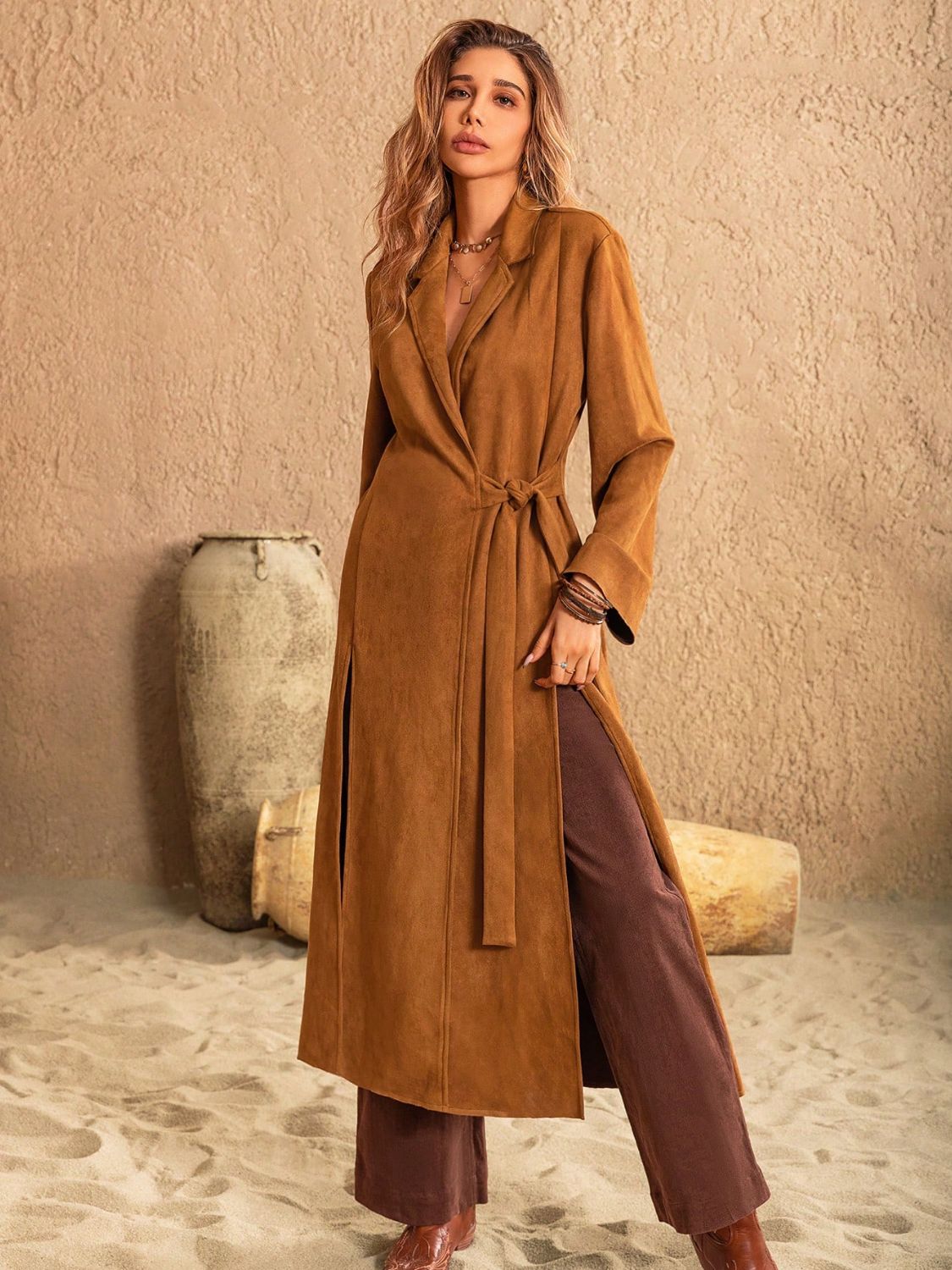 Slit Tied Collared Neck Longline Coat – Elegant & Versatile Outerwear